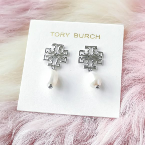 Tory Burch Jewelry - Tory Burch Silver Britton Logo White Pearl Drop Earrings